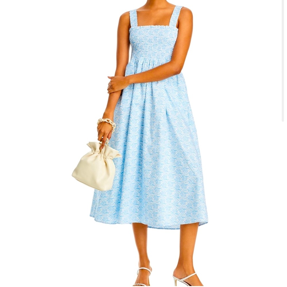 New with Tags!  Bloomingdales Aqua printed cotton smocked midi dress light blue